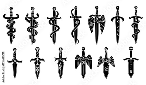 Mystical Sword Tattoo Vector Set with Serpent Patterns, Dragon Wings, and Medieval Symbols