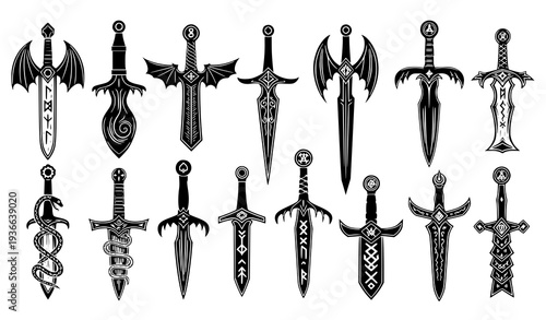 Fantasy Sword Tattoo Vector Set with Dragon Wings, Magic Blades, and Mystic Linocut Silhouettes