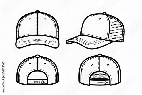 A set of four different views illustrating the front, side, and two rear perspectives of a standard adjustable mesh back baseball cap outline.
