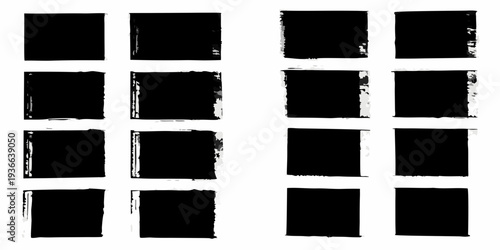 Arrangement of twelve black and white rectangular brushstroke like shapes