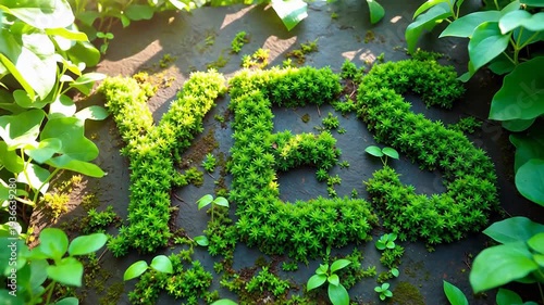 Lush green moss forms the word "ENERGY" on a dark surface with sunlight