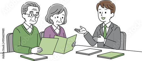 Financial advisor consulting elderly couple vector illustration retirement planning discussion with senior clients and advisor meeting