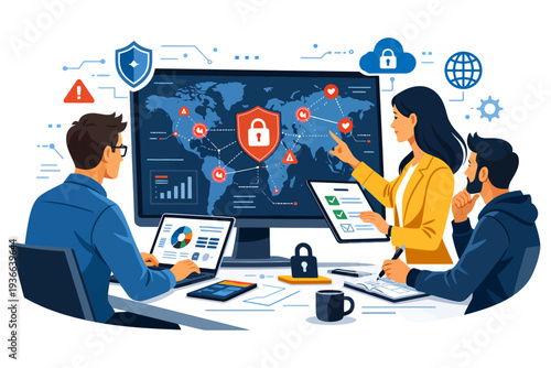 Cybersecurity team analyzing global threats with digital tools.