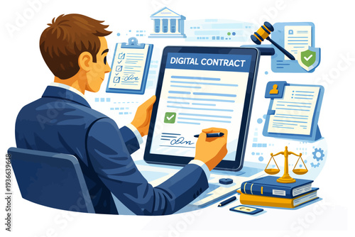 Young caucasian male signing digital contract on tablet in office setting.