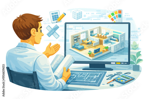 Male designer analyzing 3d interior home blueprint on computer screen.