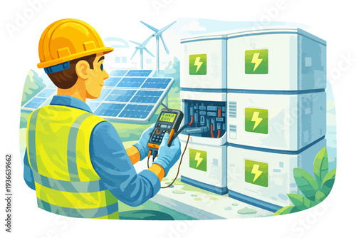 Male engineer testing solar power equipment outdoors with renewable energy installation.