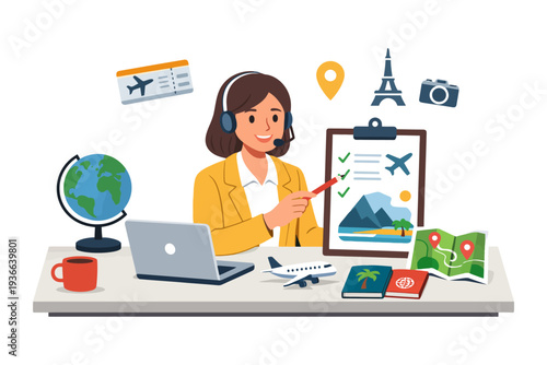 Female travel agent planning trip: desk, laptop, map, globe, tickets, plane, camera.