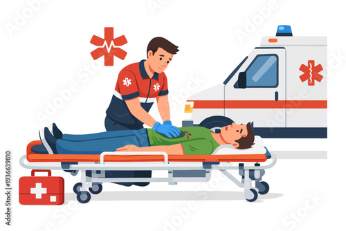 Male paramedic performing cpr on adult male patient next to ambulance.