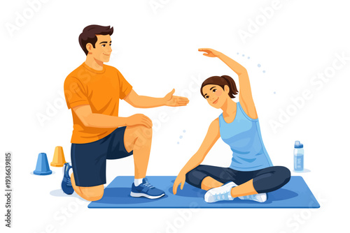 Asian male coach assisting caucasian female in stretching exercise session.