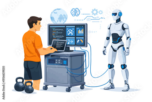 Young caucasian male programming robot with advanced technology interface.