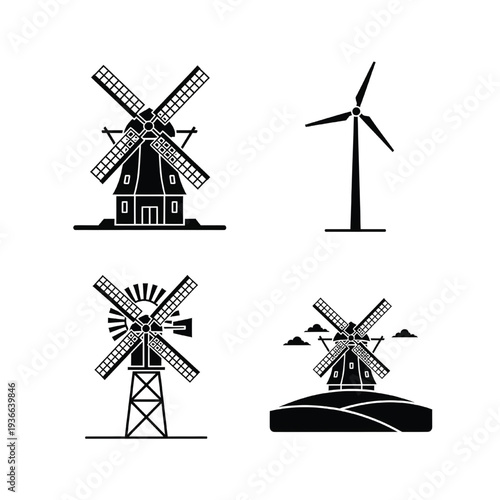 Diverse set of black and white icons illustrates traditional Dutch windmills alongside a modern vertical axis wind turbine for energy concepts.