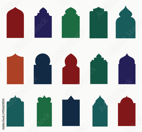 Arabic arch windows and doors. Set of silhouettes of islamic badges. Traditional architecture elements isolated on white background