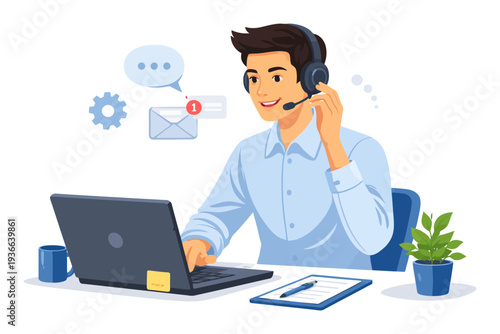 Young asian male customer service representative working at desk with laptop and headset.