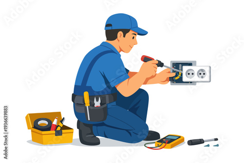 Young caucasian male electrician fixing wall socket with tool kit and multimeter.