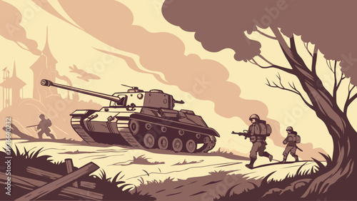 Retro Style Military Tank Advancing Through Battlefield Illustration