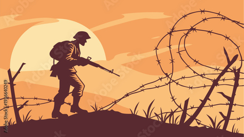 Retro Style Military Tank Advancing Through Battlefield Illustration