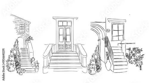 Mediterranean House Entrance Set – Italian Door, Stairs and Window Architecture Sketch Illustration for Wedding, Save the Date Card Template