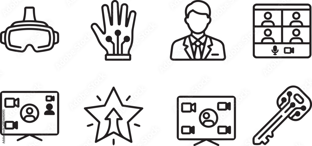 Fototapeta premium Metaverse Industry, Virtual Reality Workspace and Digital Collaboration Technology Minimalist Mono-line Icon Set Vector Illustration