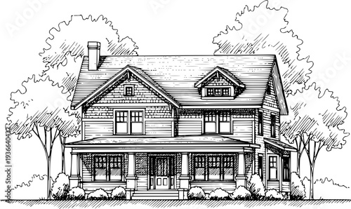 Vintage black vector sketch of an old Paris house design featuring a classic roof and window set in an urban city street illustration