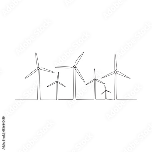 Minimalist line drawing depicts a row of wind turbines in varying sizes