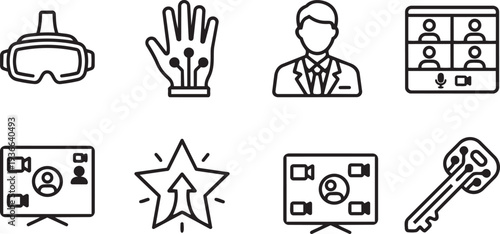 Metaverse Industry, Virtual Reality Workspace and Digital Collaboration Technology Minimalist Mono-line Icon Set Vector Illustration