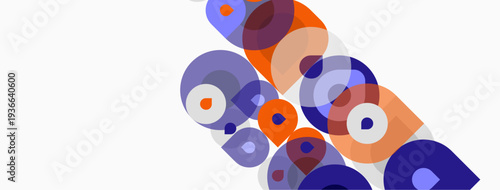 Abstract circles overlap, creating vibrant patterns. Colors include orange, purple, gray, white. Design feels modern, playful.