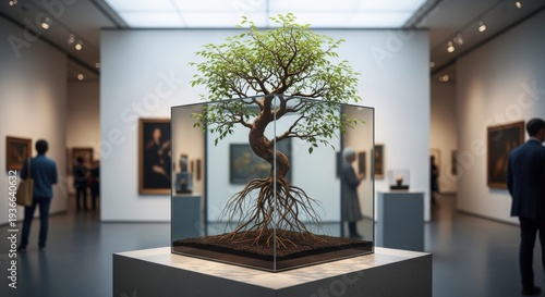 Living Sculpture: Twisted Tree with Exposed Roots Displayed in a Modern Art Museum Gallery

