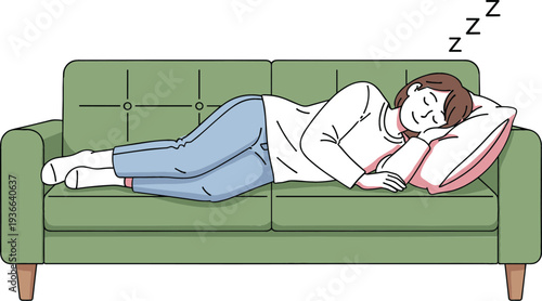 Woman sleeping on sofa illustration resting girl lying on couch with pillow relaxing nap lifestyle vector design