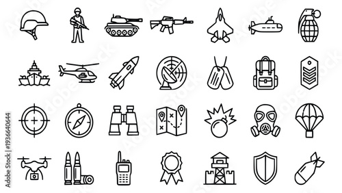Collection of simple linear military icons representing various equipment and personnel in a modern warfare context for graphic design and user interface applications.