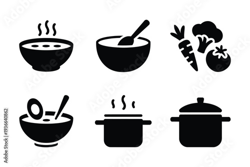Soup Symbol Vector Simple Minimalist Cooking Pot with Vegetables Icon set
