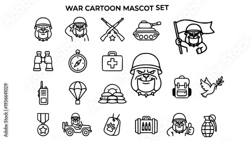 Cartoon war mascot and military equipment icons set in black outline on white background for graphic design projects and digital media.