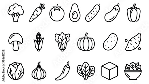 Collection of simple black and white line drawings featuring various vegetables and ingredients for a healthy recipe or cooking illustration