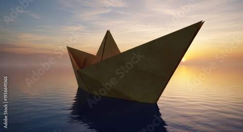 Golden Origami Paper Boat Floating Alone on Calm Ocean Waters Beneath a Soft Pastel Sunset Sky of Dreams and Possibilities


