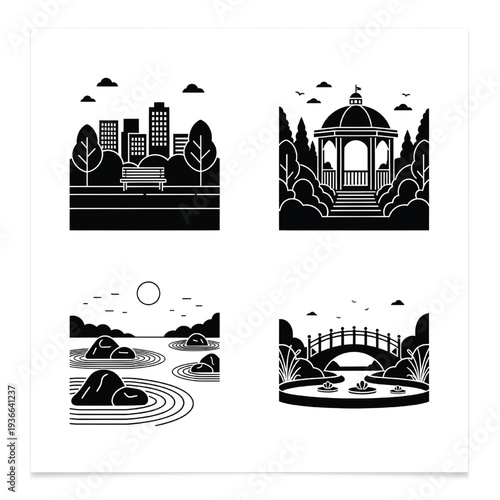 Four distinct park and garden scene icons depict an urban skyline view, a classic gazebo, a Japanese rock garden, and a curved bridge.