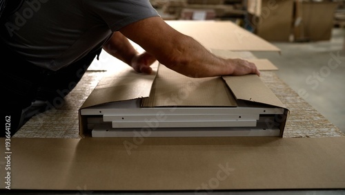 Photos Factory worker packing flat-pack furniture components into a cardboard box for shipping in an industrial warehouse