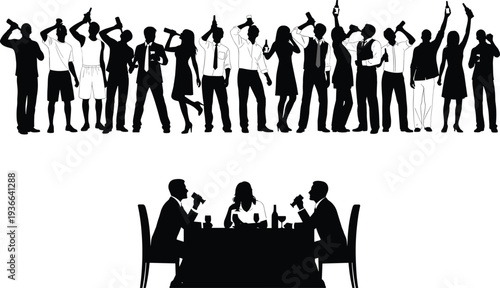   
Vector illustration of stylized drinking silhouettes symbolizing hospitality, celebration, social interaction, culture, tradition, and education