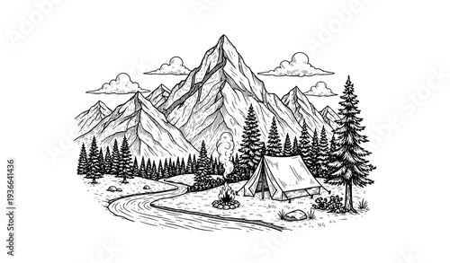 Vintage Mountain Camping Landscape Engraving Vector Illustration