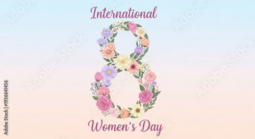 International women's day floral number eight symbol with colorful flowers on soft gradient background