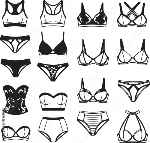 Bra design and panties styles vector flat silhouette icons set. Female underwear pictogram collection. Lingerie fashion infographic elements. Woman wardrobe garments. Various clothes isolated symbols