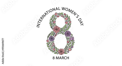 International women's day logo with floral eight symbol on march 8th celebrating female empowerment and equality