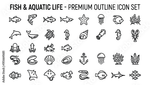 Collection of high-quality outline icons featuring various fish and aquatic life species for graphic design projects and creative applications