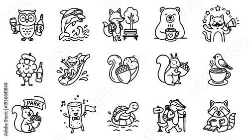 Adorable animals enjoying leisure activities in a serene park setting depicted in cute cartoon illustrations with simple line art and rounded shapes on a white background with ample negative space.