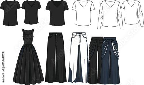 Comprehensive vector fashion collection featuring basic t-shirts long sleeve tops denim jeans wide leg trousers and an elegant evening gown