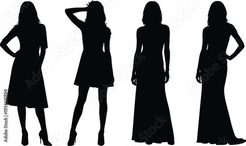 Set of four elegant female silhouettes in various poses wearing stylish cocktail and evening dresses for fashion and beauty design