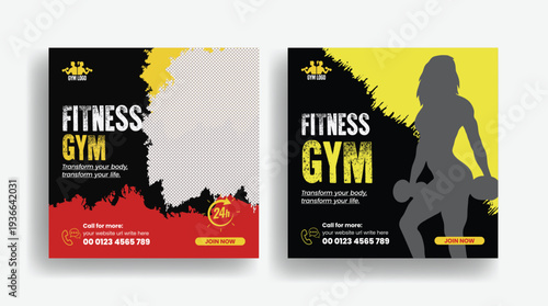 Gym Fitness Workout Advertising Template for Social Media Post, Square Flyer Poster, Promotional Banner Ads and Web Banner Design for Personal Trainer Fitness Club Sport Training