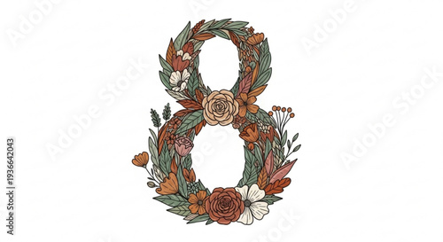 Floral infinity symbol with colorful autumn leaves and flowers on white background