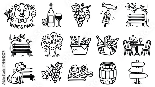 Collection of black and white illustrations featuring wine grapes and picnic elements in a park setting perfect for wine and park themed designs and marketing materials.