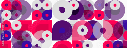 Abstract pattern features overlapping circles, squares. Pink, purple hues dominate white background. Modern design, geometric shapes create vibrant texture.