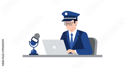 Police officer working on laptop with microphone nearby.