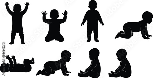 Set of baby silhouettes showing crawling, sitting and standing poses isolated on white background vector illustration for childcare and parenting